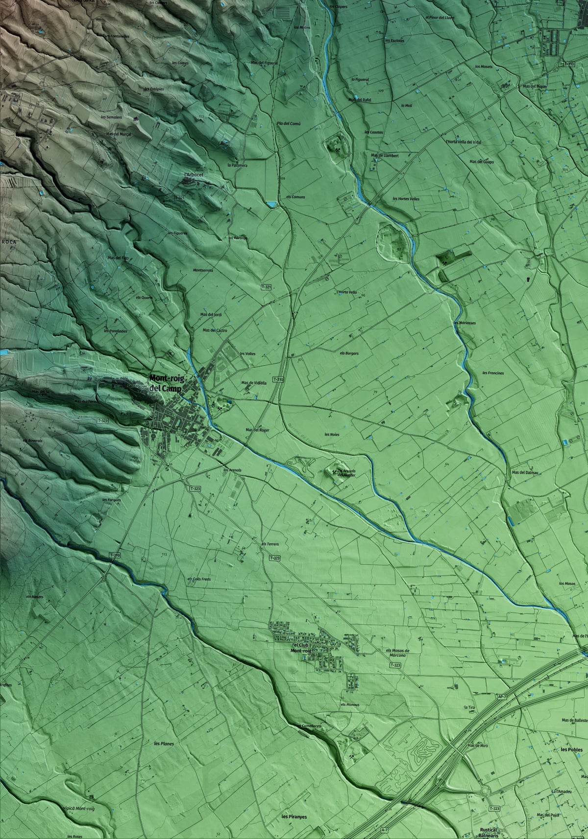 Mapa artístico del relieve de Montbrió del Camp, al Baix Camp, con 15 km de entorno y base topográfica ICGC. Detalle de la zona inferior izquierda.