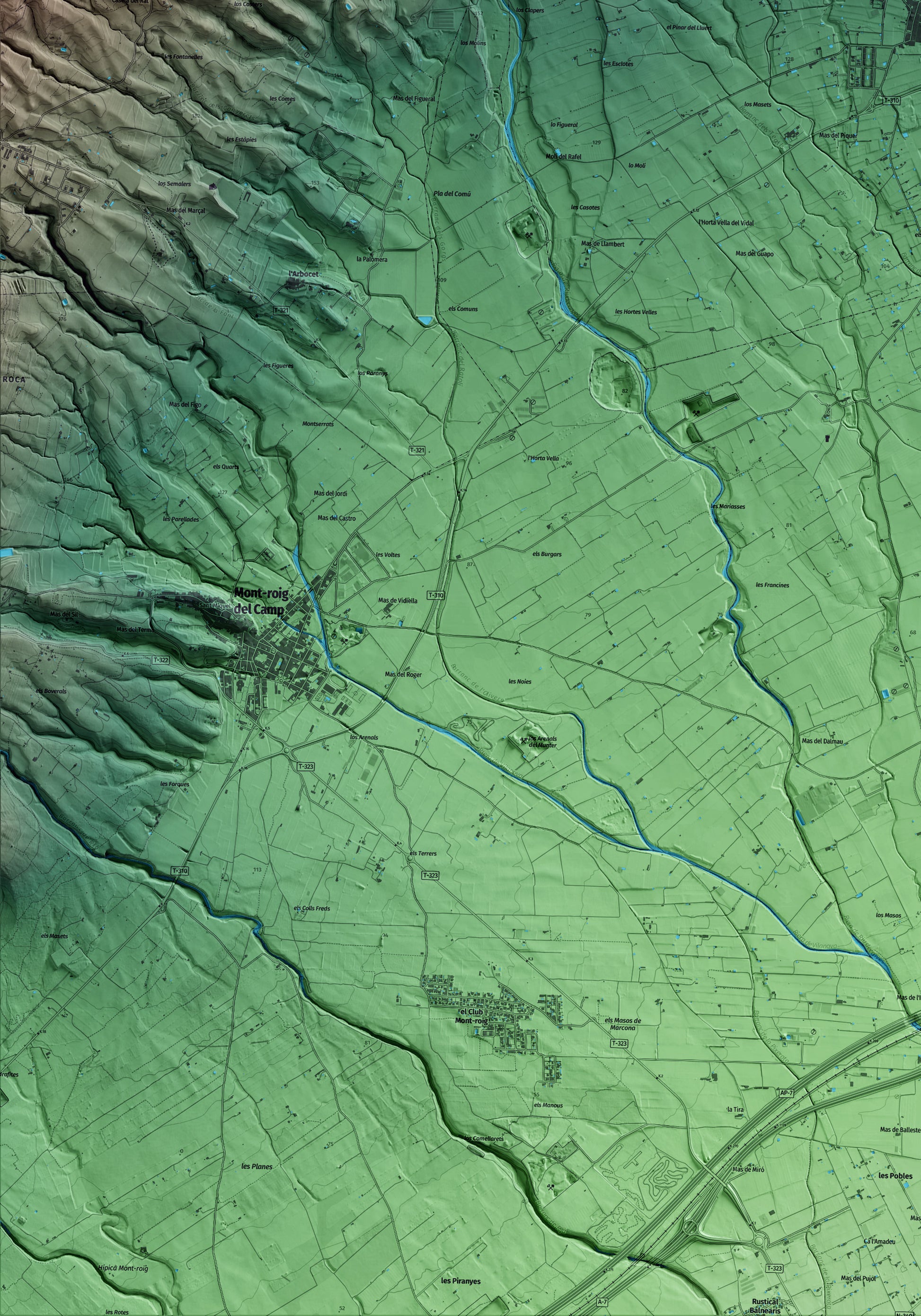 Mapa artístico del relieve de Montbrió del Camp, al Baix Camp, con 15 km de entorno y base topográfica ICGC. Detalle de la zona inferior izquierda.
