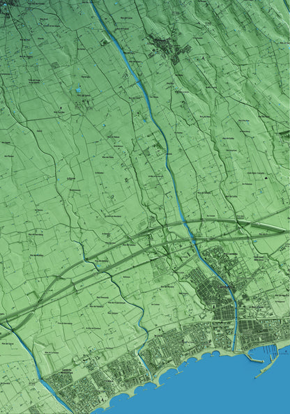 Mapa artístico del relieve de Montbrió del Camp, al Baix Camp, con 15 km de entorno y base topográfica ICGC. Detalle de la zona inferior derecha.