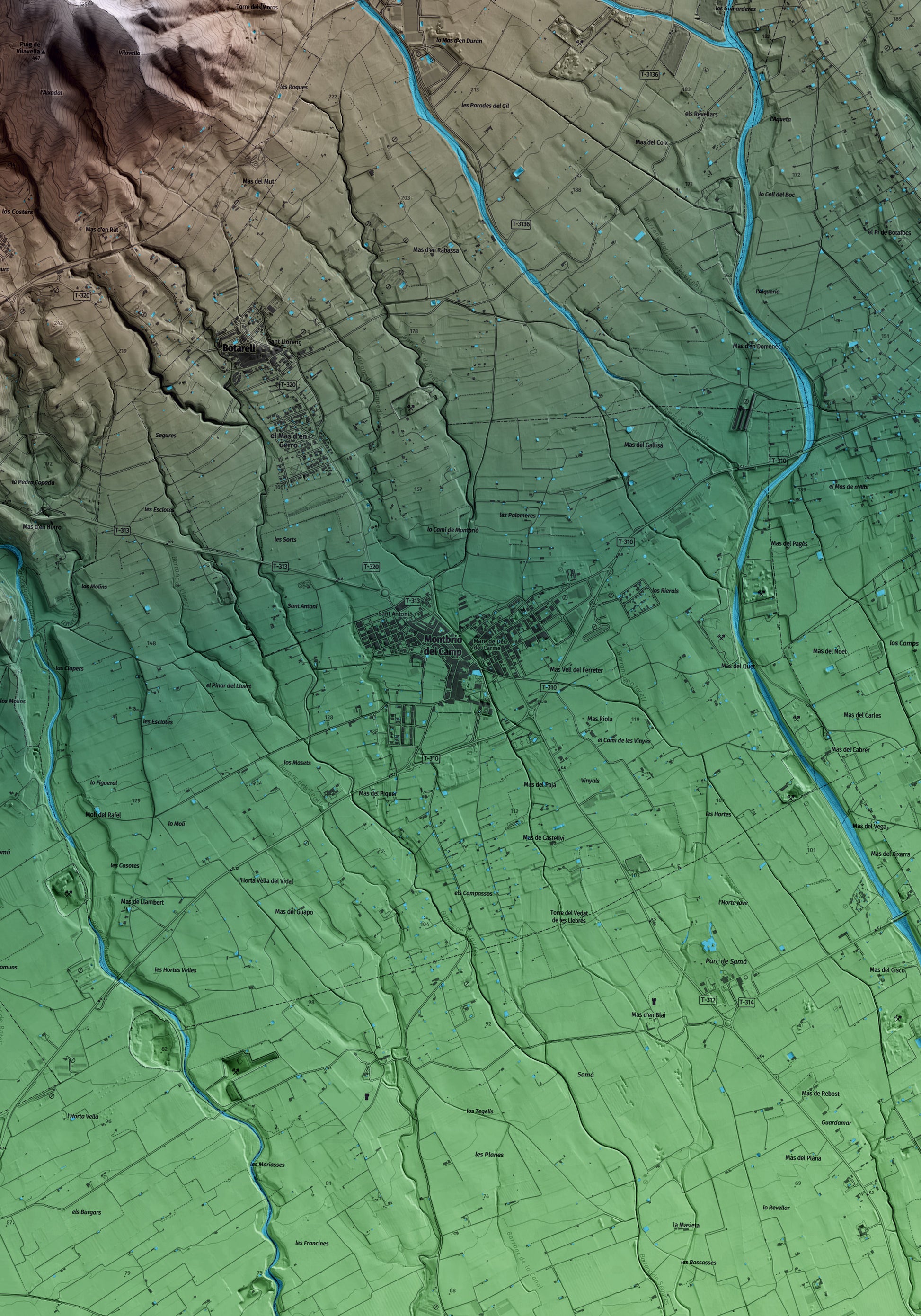 Mapa artístico del relieve de Montbrió del Camp, al Baix Camp, con 15 km de entorno y base topográfica ICGC. Detalle de la zona central.