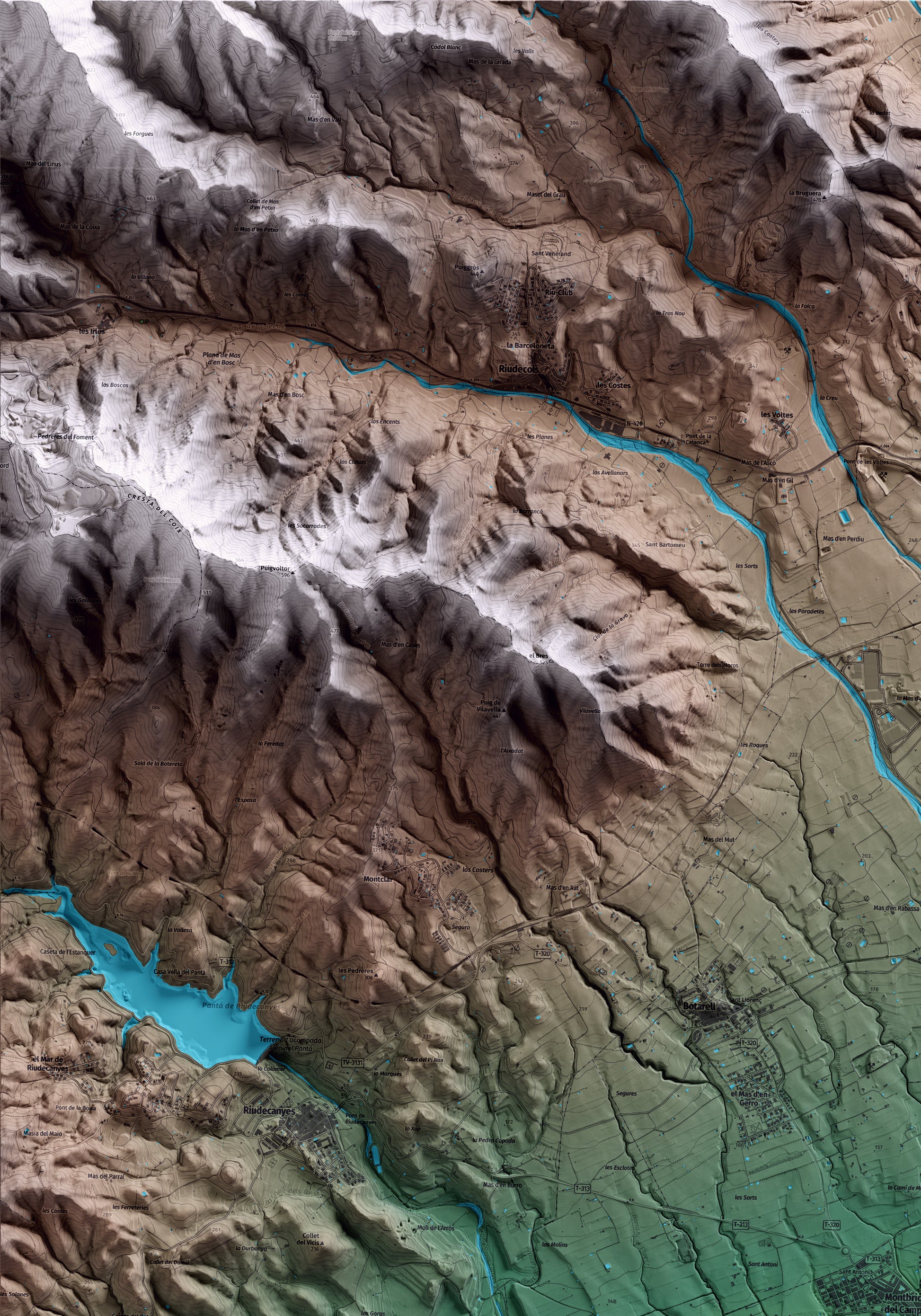 Mapa artístico del relieve de Montbrió del Camp, al Baix Camp, con 15 km de entorno y base topográfica ICGC. Detalle de la zona superior izquierda.