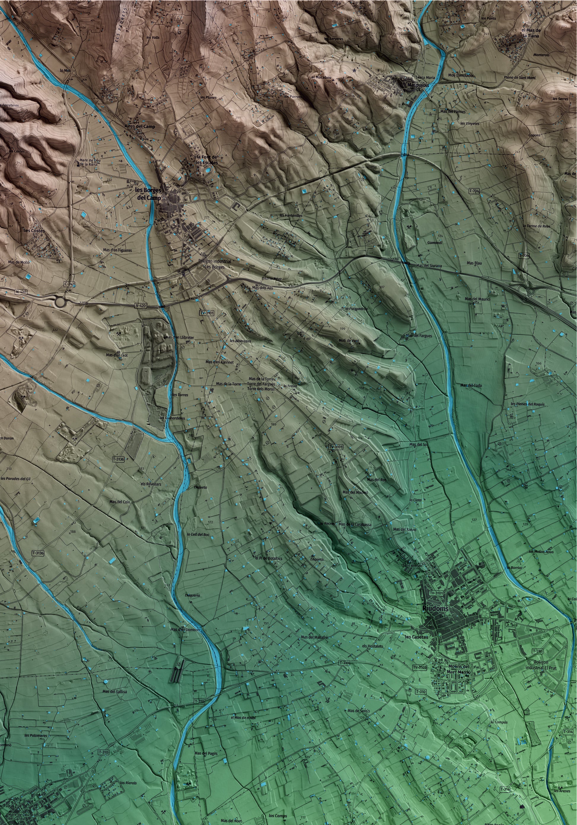 Mapa artístico del relieve de Montbrió del Camp, al Baix Camp, con 15 km de entorno y base topográfica ICGC. Detalle de la zona superior derecha.