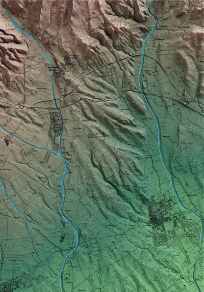 Mapa artístico del relieve de Montbrió del Camp, al Baix Camp, con 15 km de entorno y base topográfica ICGC. Detalle de la zona superior derecha.