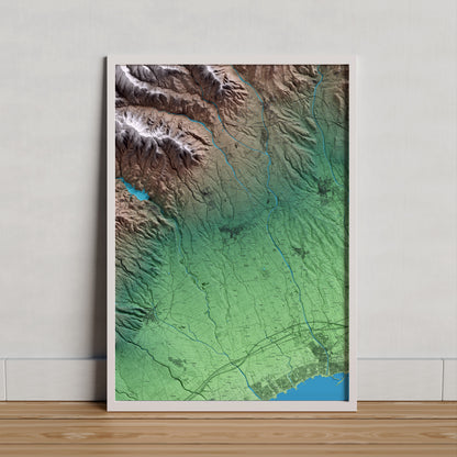 Mapa artístico del relieve de Montbrió del Camp, al Baix Camp, con 15 km de entorno y base topográfica ICGC. Presentación enmarcada.