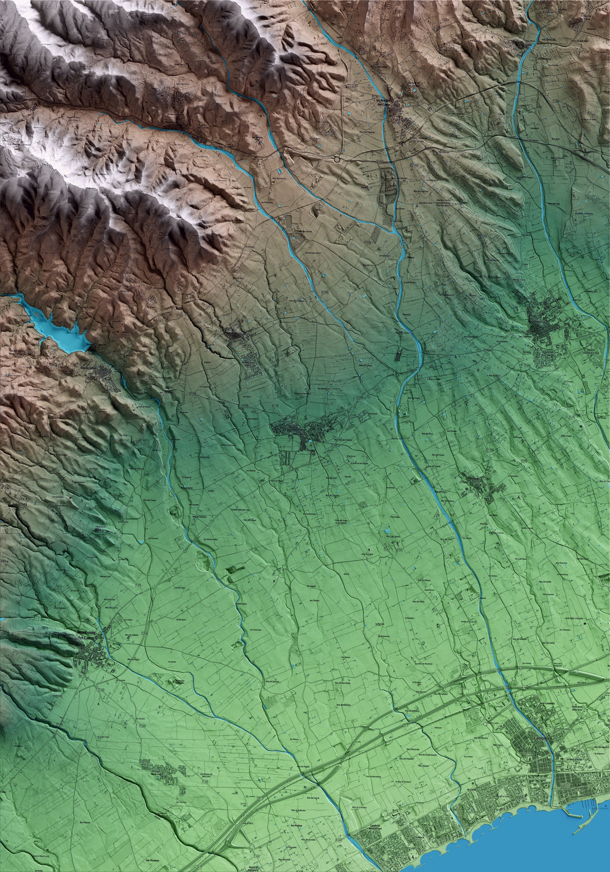 Mapa artístico del relieve de Montbrió del Camp, al Baix Camp, con 15 km de entorno y base topográfica ICGC