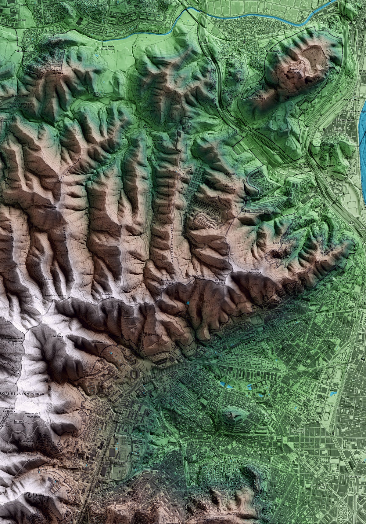 Mapa artístico del relieve de Montcada i Reixac, al Vallès Occidental, con 15 km de entorno y base topográfica ICGC. Detalle de la zona inferior izquierda.