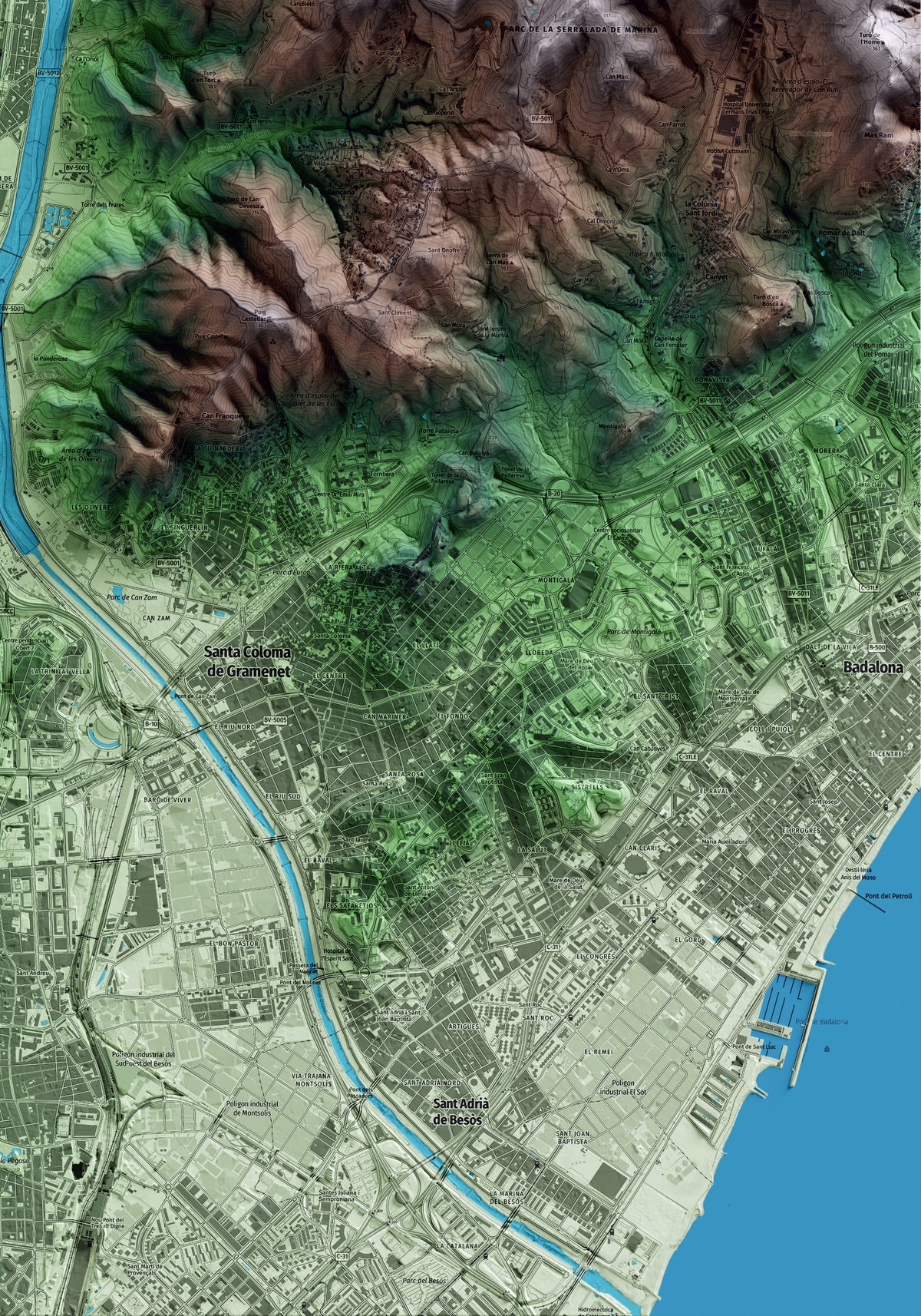 Mapa artístico del relieve de Montcada i Reixac, al Vallès Occidental, con 15 km de entorno y base topográfica ICGC. Detalle de la zona inferior derecha.