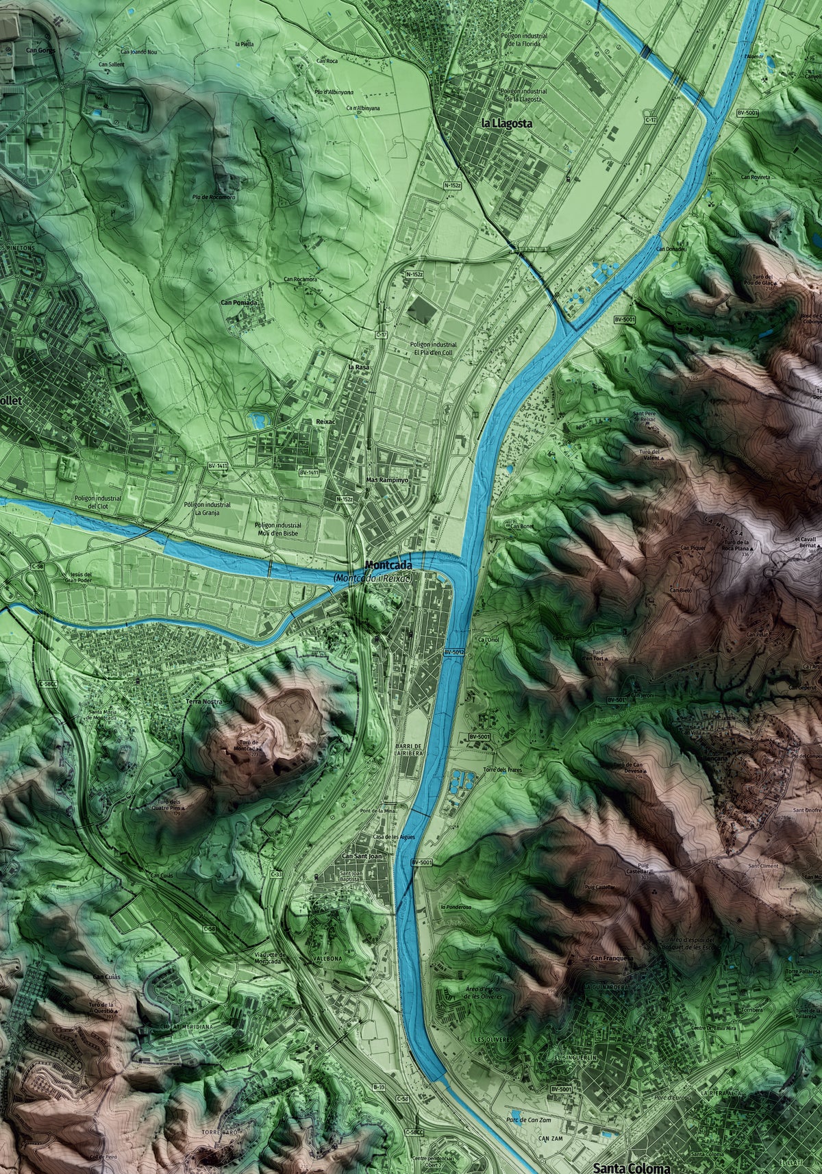 Mapa artístico del relieve de Montcada i Reixac, al Vallès Occidental, con 15 km de entorno y base topográfica ICGC. Detalle de la zona central.