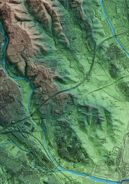 Mapa artístico del relieve de Montcada i Reixac, al Vallès Occidental, con 15 km de entorno y base topográfica ICGC. Detalle de la zona superior izquierda.