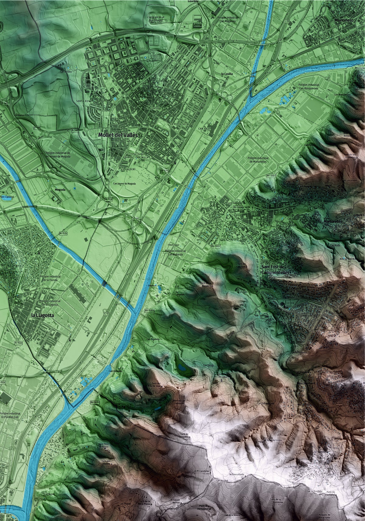 Mapa artístico del relieve de Montcada i Reixac, al Vallès Occidental, con 15 km de entorno y base topográfica ICGC. Detalle de la zona superior derecha.