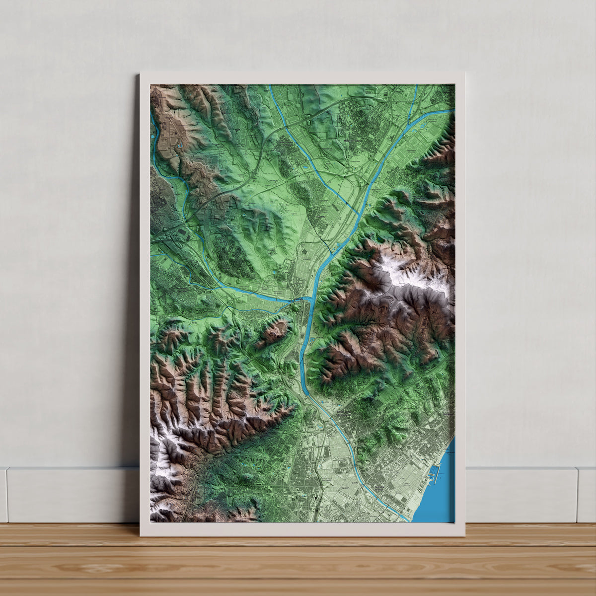 Mapa artístico del relieve de Montcada i Reixac, al Vallès Occidental, con 15 km de entorno y base topográfica ICGC. Presentación enmarcada.