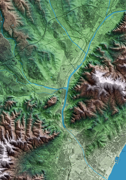 Mapa artístico del relieve de Montcada i Reixac, al Vallès Occidental, con 15 km de entorno y base topográfica ICGC