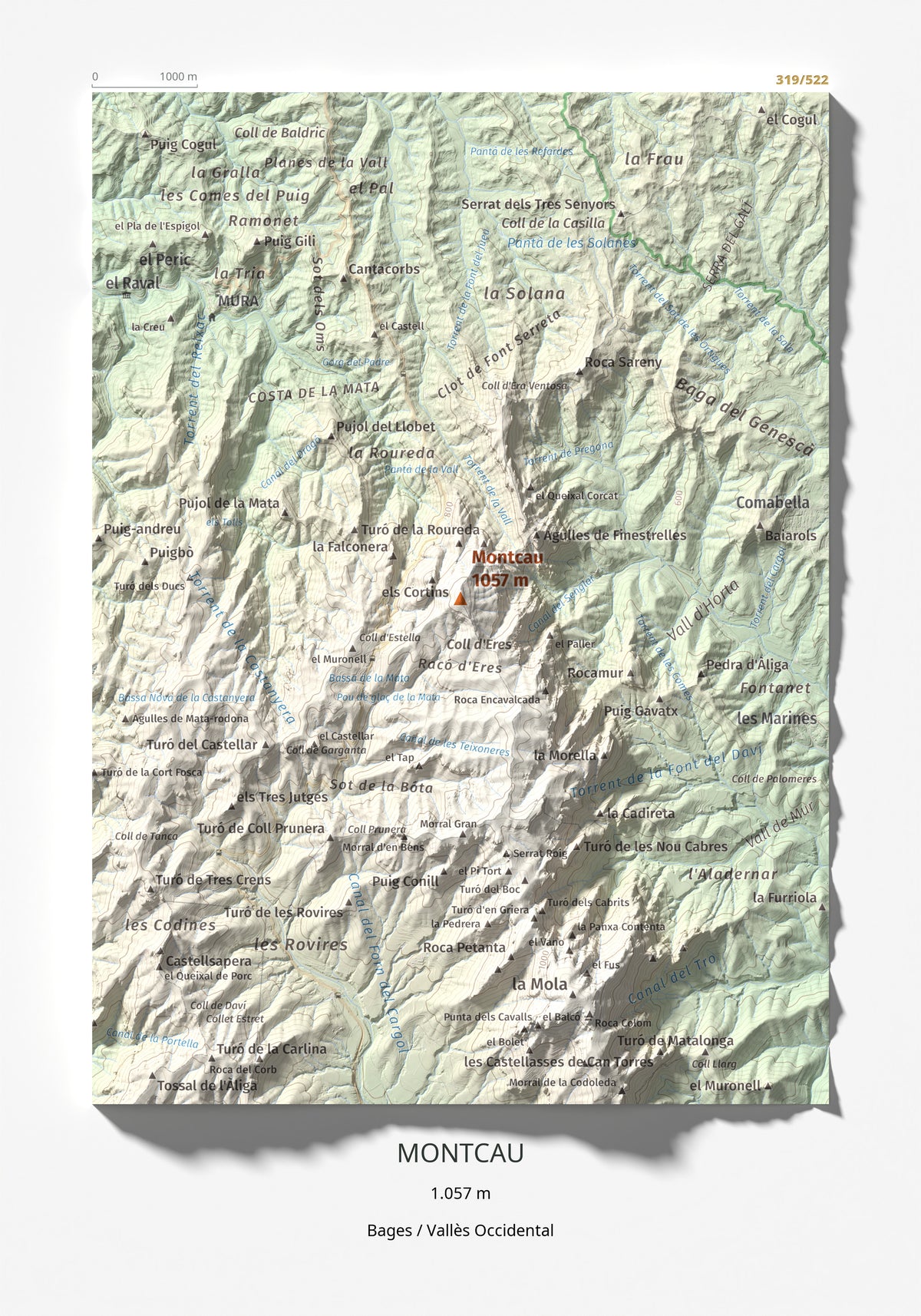 Mapa de relieve de Montcau, 1057 m, Bages · Vallès Occidental, lámina 100 Cims de Trobart 21 × 30 cm.