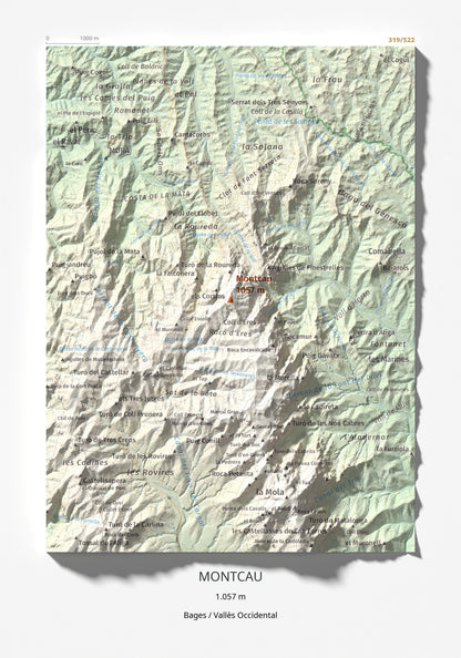 Mapa de relieve de Montcau, 1057 m, Bages · Vallès Occidental, lámina 100 Cims de Trobart 21 × 30 cm.