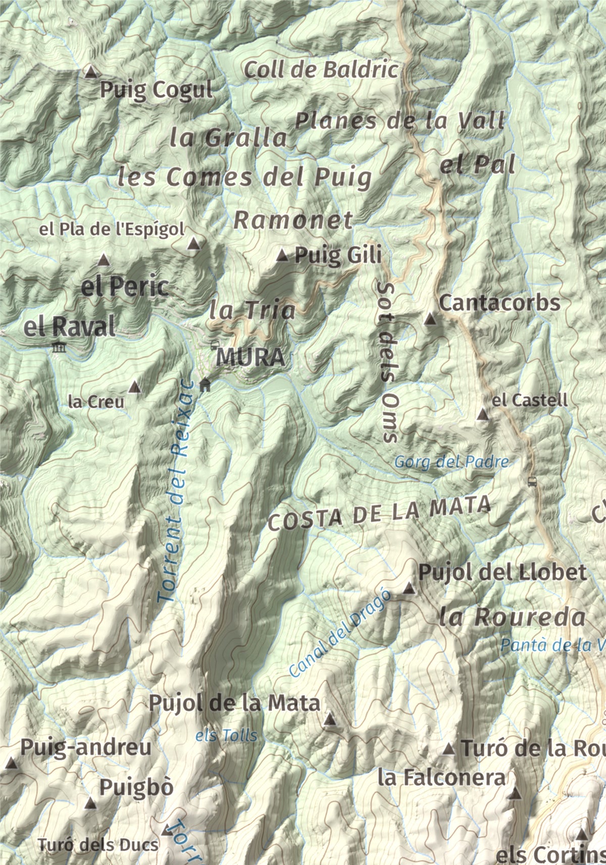 Mapa de relieve de Montcau, 1057 m, Bages · Vallès Occidental, lámina 100 Cims de Trobart. Detalle de la zona superior izquierda. 21 × 30 cm.