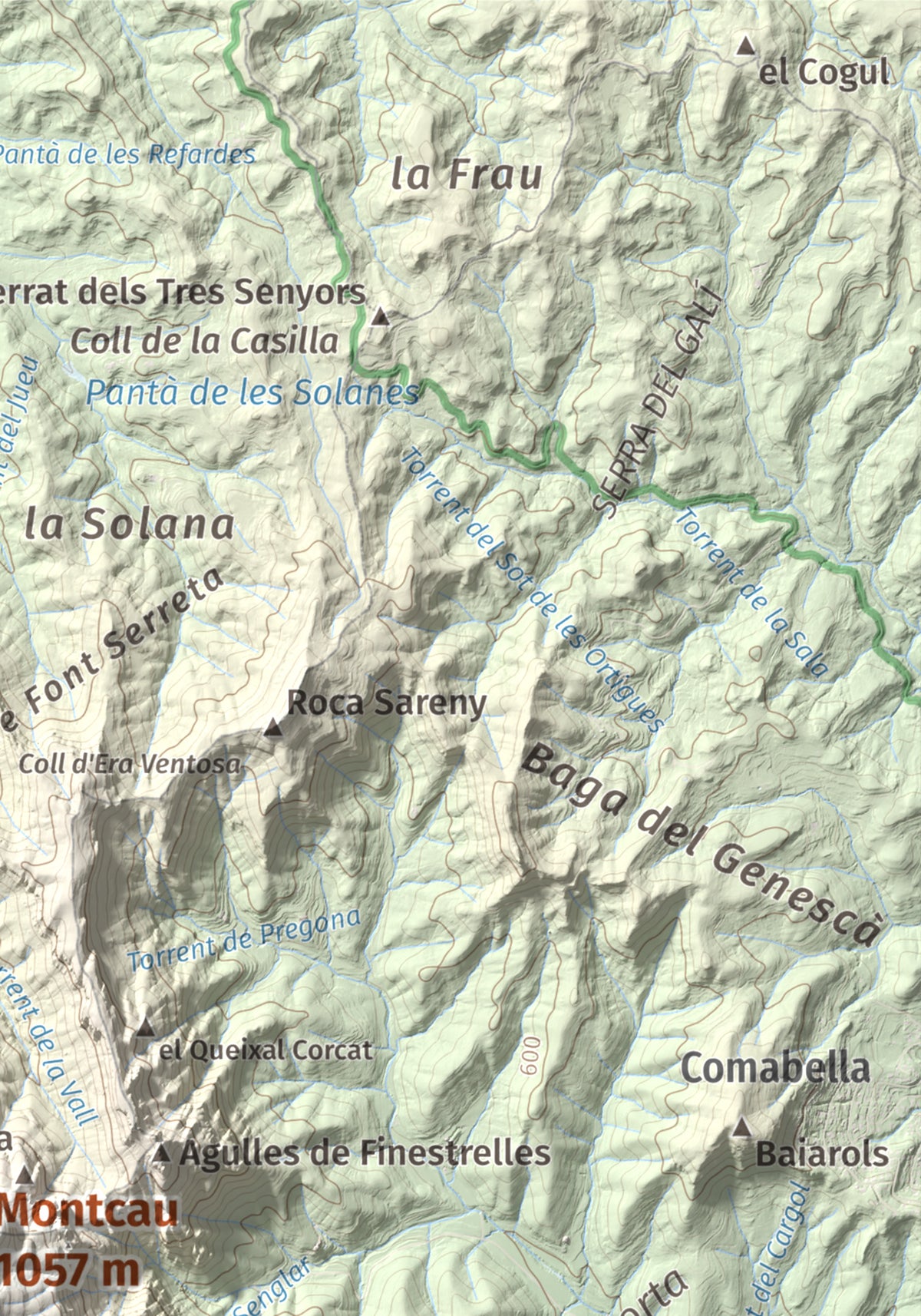 Mapa de relieve de Montcau, 1057 m, Bages · Vallès Occidental, lámina 100 Cims de Trobart. Detalle de la zona superior derecha. 21 × 30 cm.