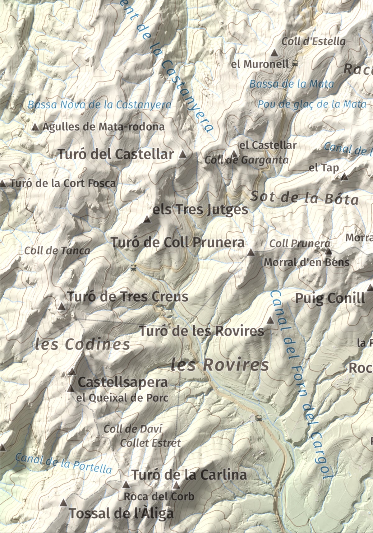 Mapa de relieve de Montcau, 1057 m, Bages · Vallès Occidental, lámina 100 Cims de Trobart. Detalle de la zona inferior izquierda. 21 × 30 cm.