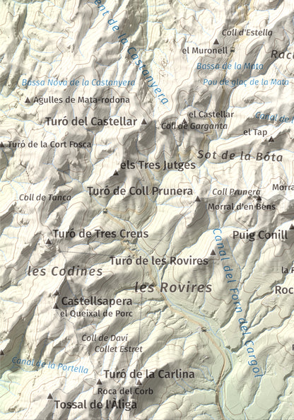 Mapa de relieve de Montcau, 1057 m, Bages · Vallès Occidental, lámina 100 Cims de Trobart. Detalle de la zona inferior izquierda. 21 × 30 cm.