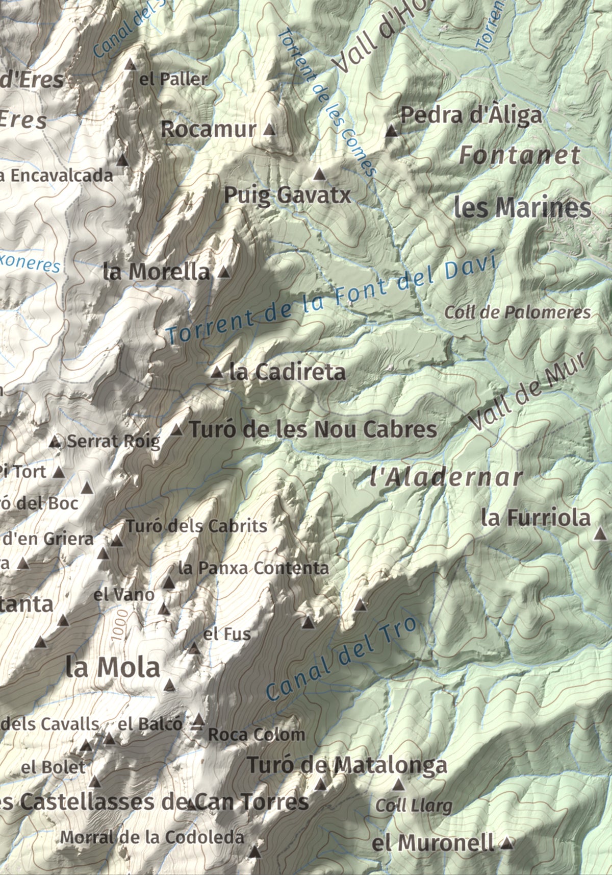 Mapa de relieve de Montcau, 1057 m, Bages · Vallès Occidental, lámina 100 Cims de Trobart. Detalle de la zona inferior derecha. 21 × 30 cm.