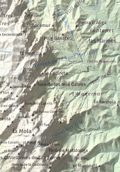 Mapa de relieve de Montcau, 1057 m, Bages · Vallès Occidental, lámina 100 Cims de Trobart. Detalle de la zona inferior derecha. 21 × 30 cm.