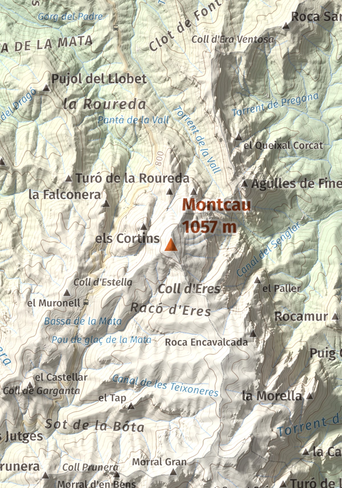 Mapa de relieve de Montcau, 1057 m, Bages · Vallès Occidental, lámina 100 Cims de Trobart. Detalle de la zona central. 21 × 30 cm.
