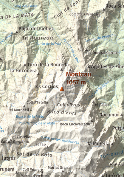 Mapa de relieve de Montcau, 1057 m, Bages · Vallès Occidental, lámina 100 Cims de Trobart. Detalle de la zona central. 21 × 30 cm.