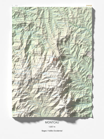 Mapa de relieve de Montcau, 1057 m, Bages · Vallès Occidental, lámina 100 Cims de Trobart 30 × 40 cm.