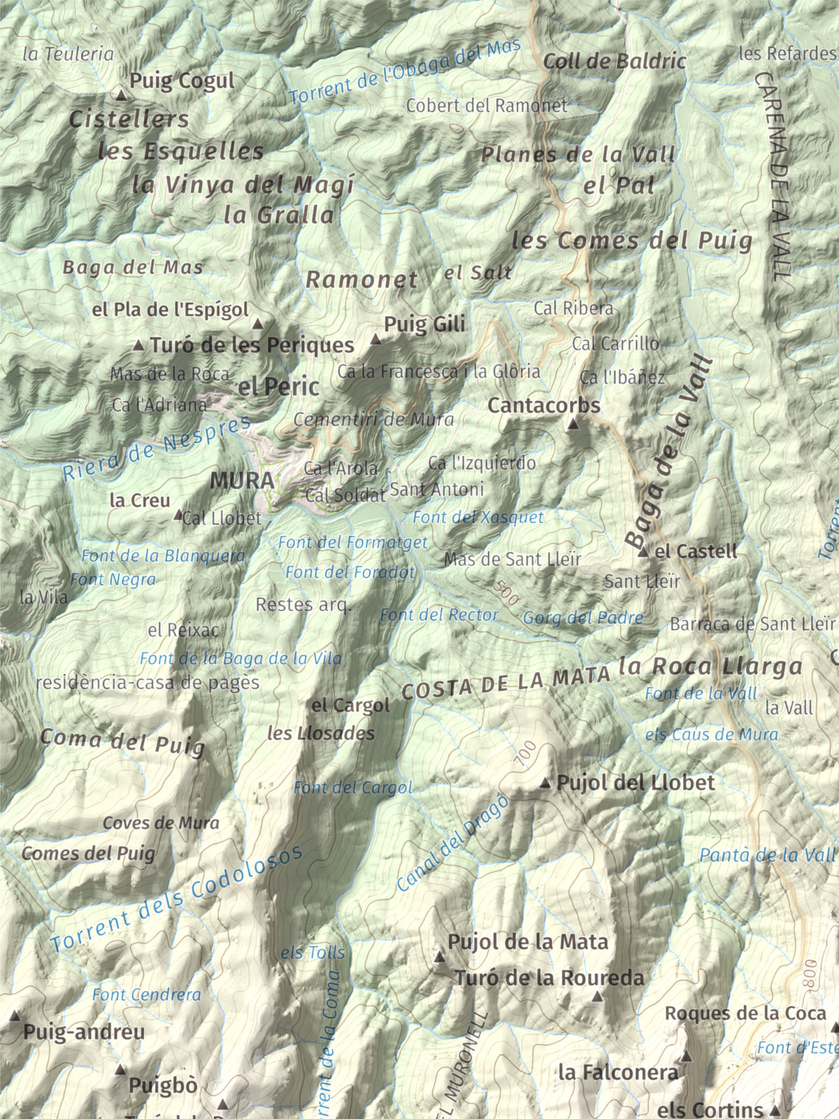 Mapa de relieve de Montcau, 1057 m, Bages · Vallès Occidental, lámina 100 Cims de Trobart. Detalle de la zona superior izquierda. 30 × 40 cm.