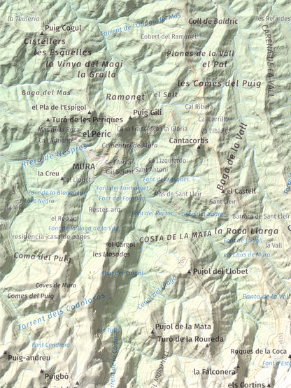 Mapa de relieve de Montcau, 1057 m, Bages · Vallès Occidental, lámina 100 Cims de Trobart. Detalle de la zona superior izquierda. 30 × 40 cm.
