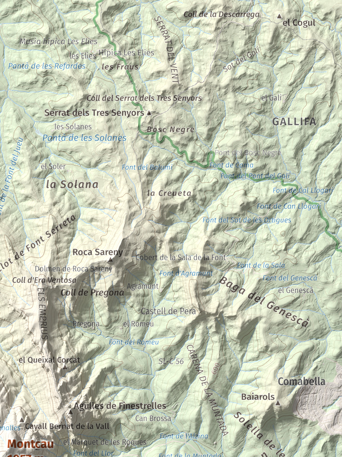 Mapa de relieve de Montcau, 1057 m, Bages · Vallès Occidental, lámina 100 Cims de Trobart. Detalle de la zona superior derecha. 30 × 40 cm.