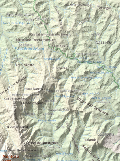 Mapa de relieve de Montcau, 1057 m, Bages · Vallès Occidental, lámina 100 Cims de Trobart. Detalle de la zona superior derecha. 30 × 40 cm.