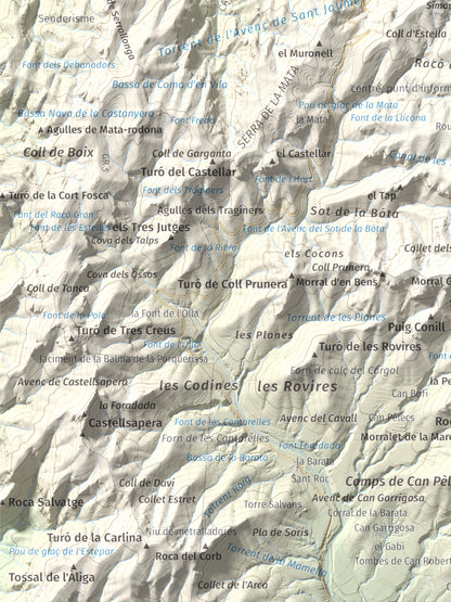 Mapa de relieve de Montcau, 1057 m, Bages · Vallès Occidental, lámina 100 Cims de Trobart. Detalle de la zona inferior izquierda. 30 × 40 cm.