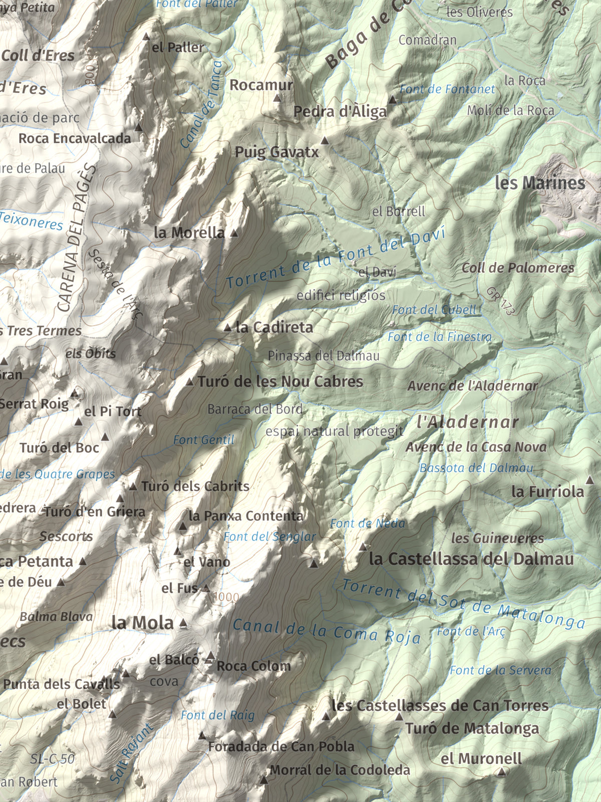Mapa de relieve de Montcau, 1057 m, Bages · Vallès Occidental, lámina 100 Cims de Trobart. Detalle de la zona inferior derecha. 30 × 40 cm.