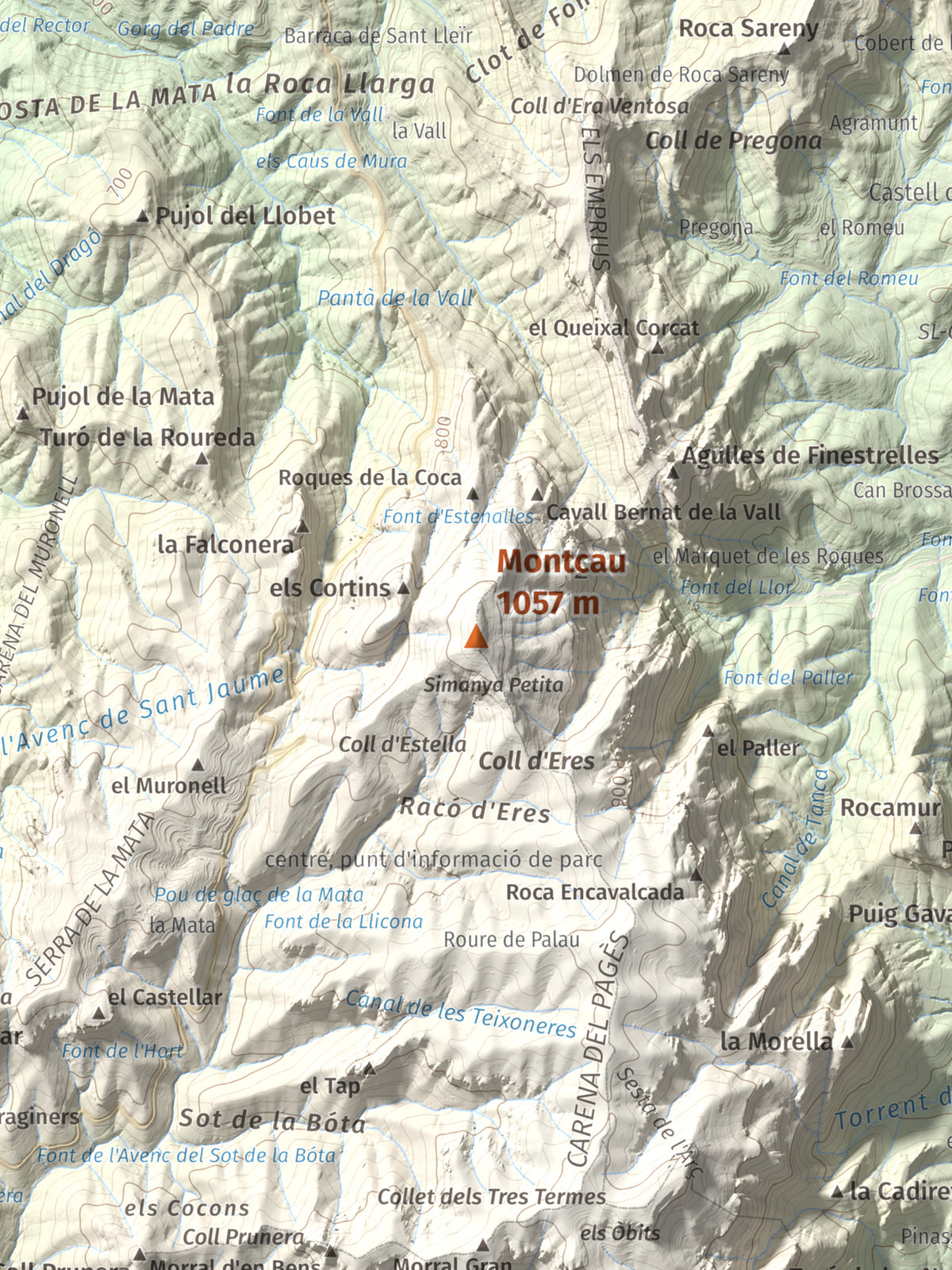 Mapa de relieve de Montcau, 1057 m, Bages · Vallès Occidental, lámina 100 Cims de Trobart. Detalle de la zona central. 30 × 40 cm.