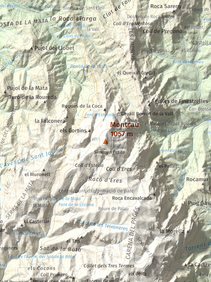 Mapa de relieve de Montcau, 1057 m, Bages · Vallès Occidental, lámina 100 Cims de Trobart. Detalle de la zona central. 30 × 40 cm.