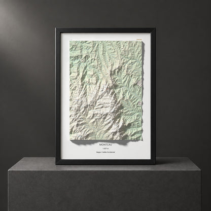 Mapa de relieve de Montcau, 1057 m, Bages · Vallès Occidental, lámina 100 Cims de Trobart. Presentación enmarcada. 50 × 70 cm.