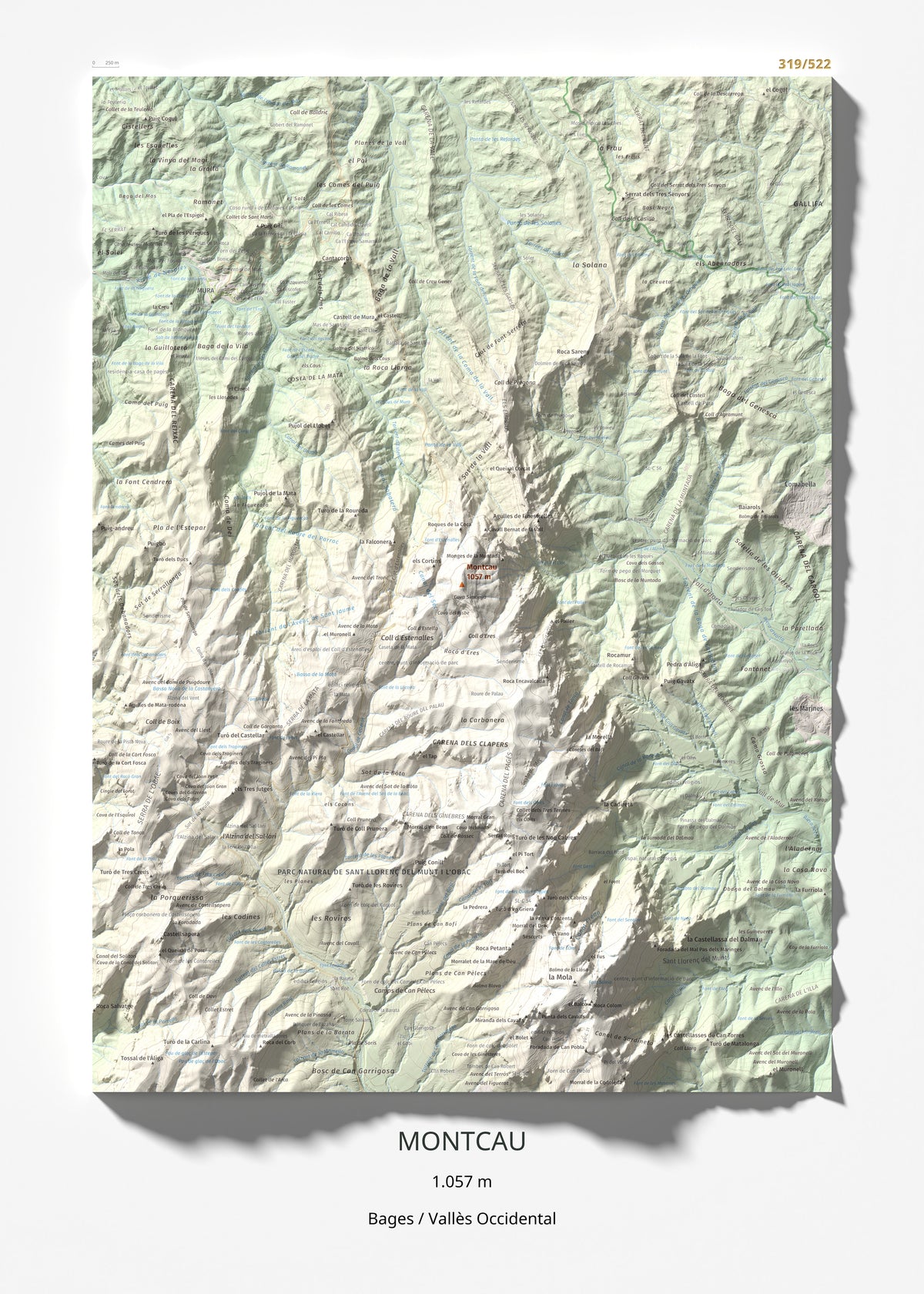 Mapa de relieve de Montcau, 1057 m, Bages · Vallès Occidental, lámina 100 Cims de Trobart 50 × 70 cm.