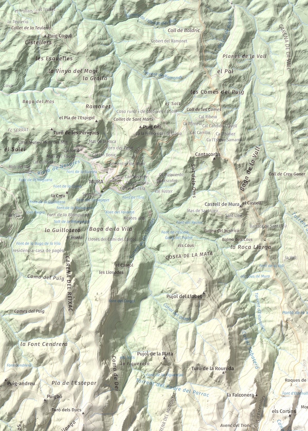 Mapa de relieve de Montcau, 1057 m, Bages · Vallès Occidental, lámina 100 Cims de Trobart. Detalle de la zona superior izquierda. 50 × 70 cm.