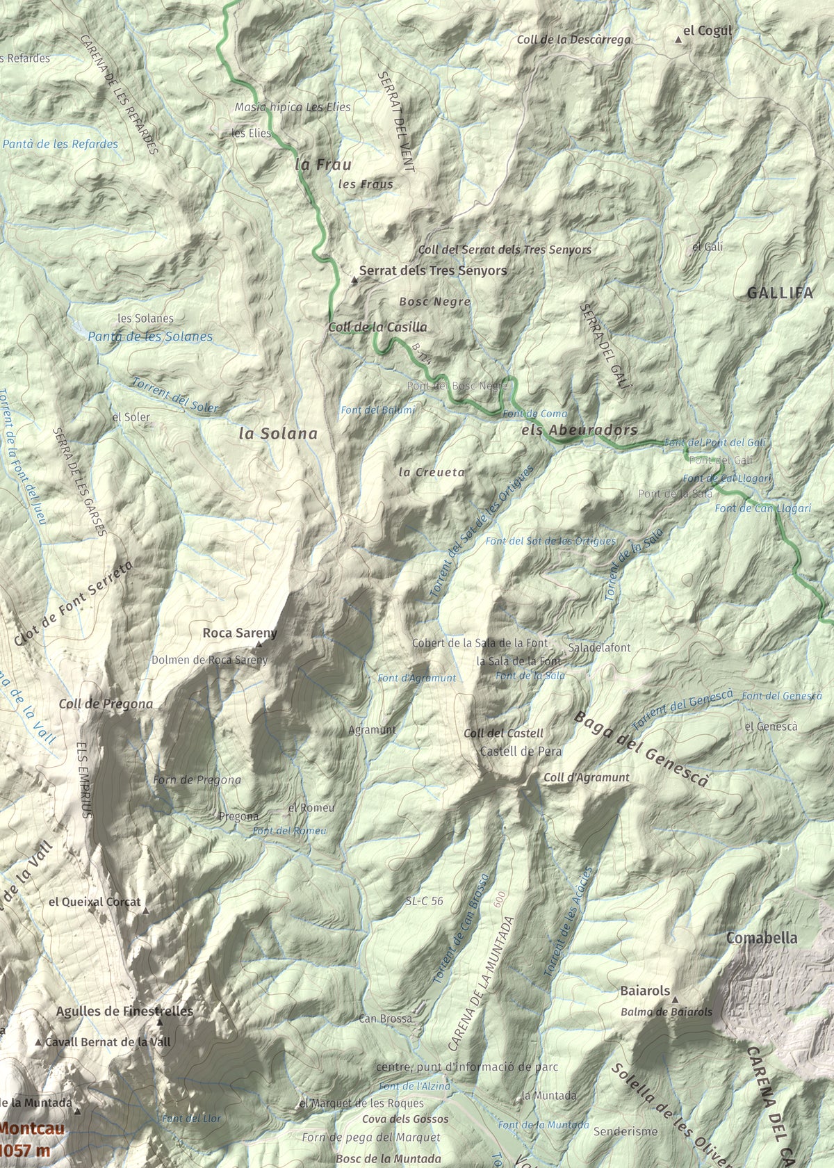 Mapa de relieve de Montcau, 1057 m, Bages · Vallès Occidental, lámina 100 Cims de Trobart. Detalle de la zona superior derecha. 50 × 70 cm.