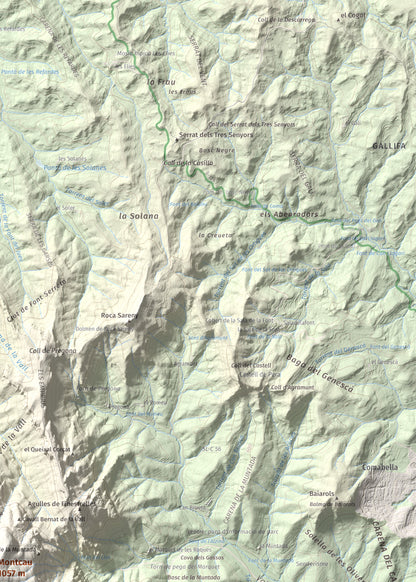 Mapa de relieve de Montcau, 1057 m, Bages · Vallès Occidental, lámina 100 Cims de Trobart. Detalle de la zona superior derecha. 50 × 70 cm.