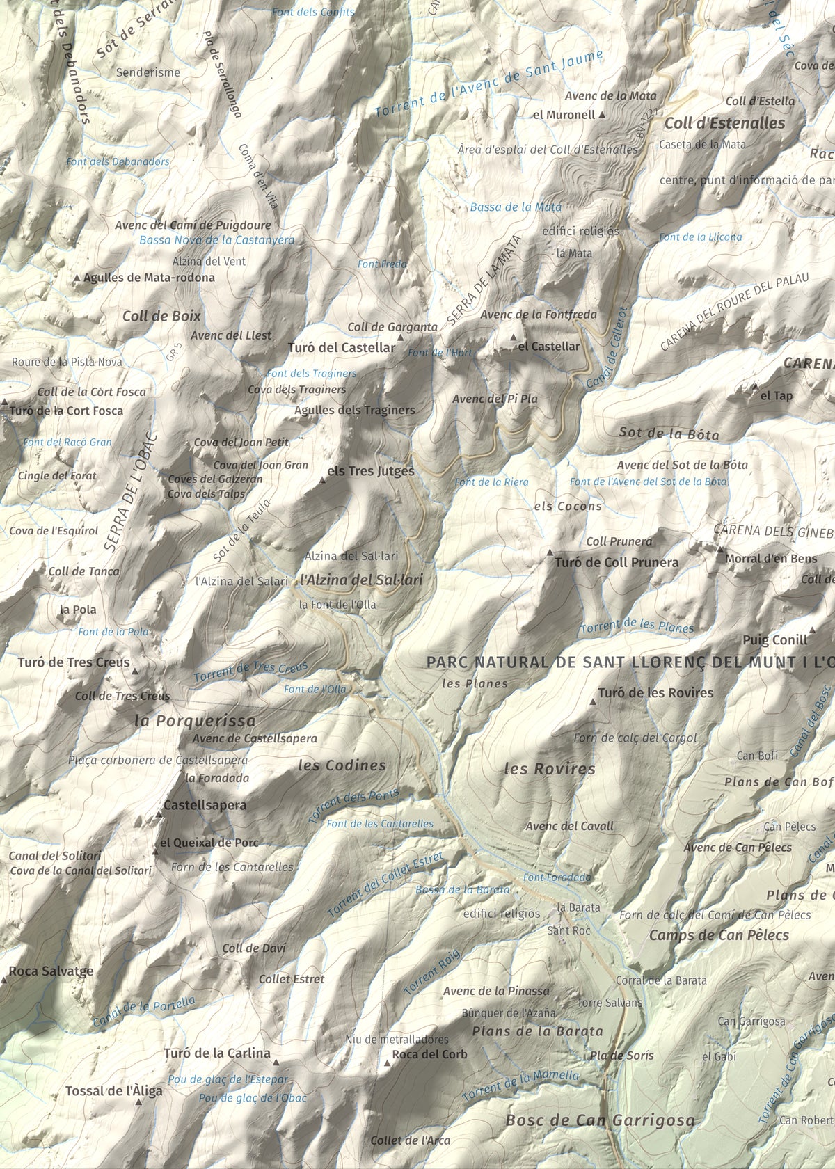 Mapa de relieve de Montcau, 1057 m, Bages · Vallès Occidental, lámina 100 Cims de Trobart. Detalle de la zona inferior izquierda. 50 × 70 cm.