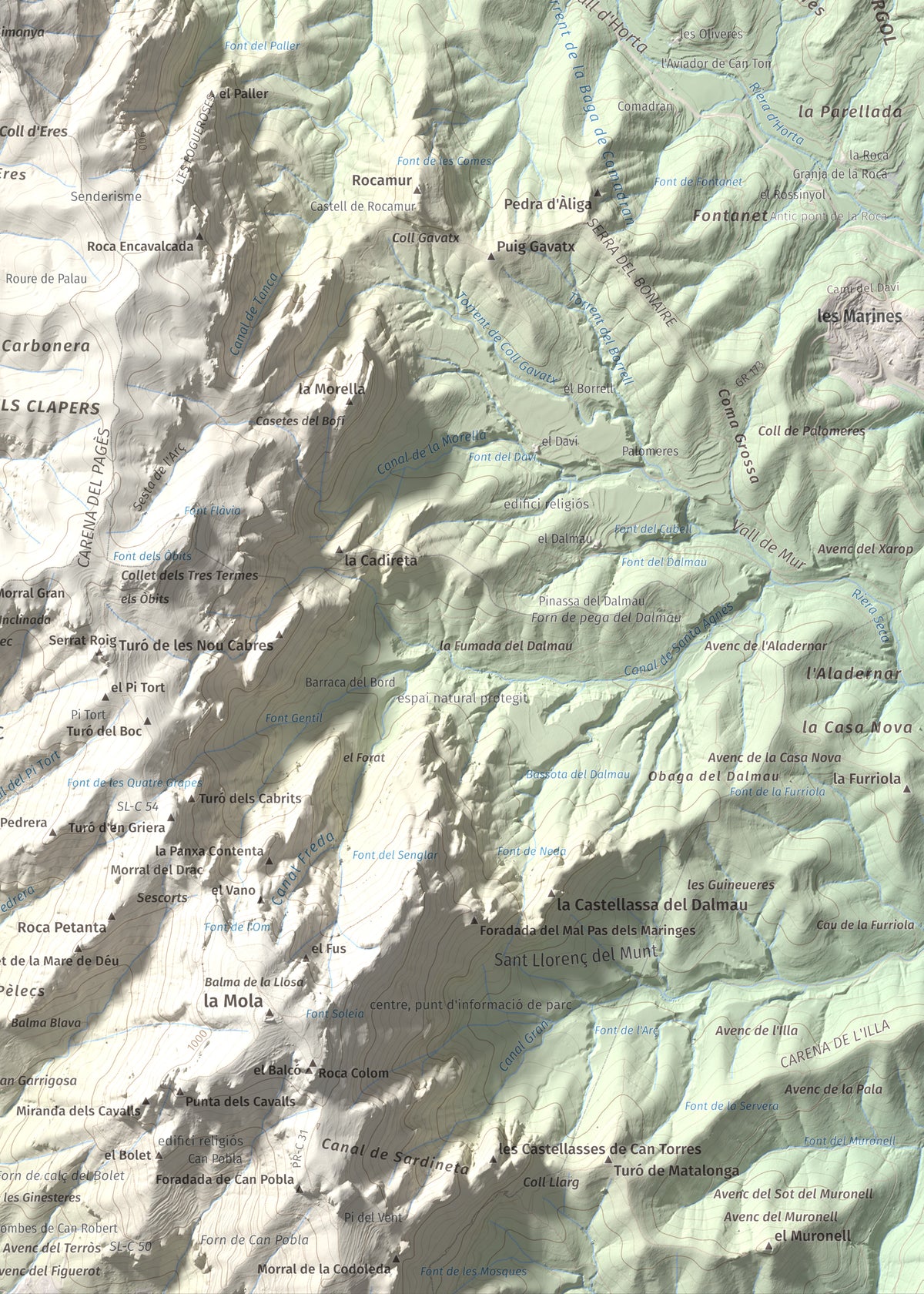Mapa de relieve de Montcau, 1057 m, Bages · Vallès Occidental, lámina 100 Cims de Trobart. Detalle de la zona inferior derecha. 50 × 70 cm.