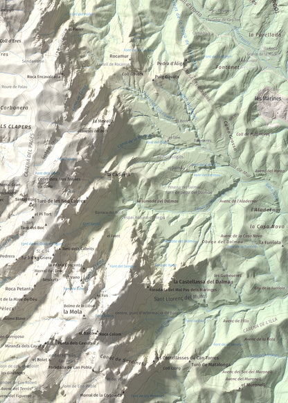 Mapa de relieve de Montcau, 1057 m, Bages · Vallès Occidental, lámina 100 Cims de Trobart. Detalle de la zona inferior derecha. 50 × 70 cm.
