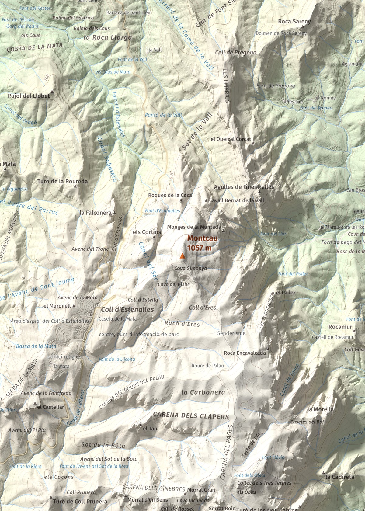 Mapa de relieve de Montcau, 1057 m, Bages · Vallès Occidental, lámina 100 Cims de Trobart. Detalle de la zona central. 50 × 70 cm.