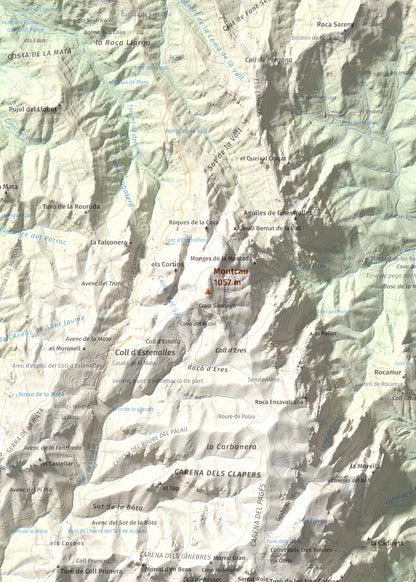Mapa de relieve de Montcau, 1057 m, Bages · Vallès Occidental, lámina 100 Cims de Trobart. Detalle de la zona central. 50 × 70 cm.