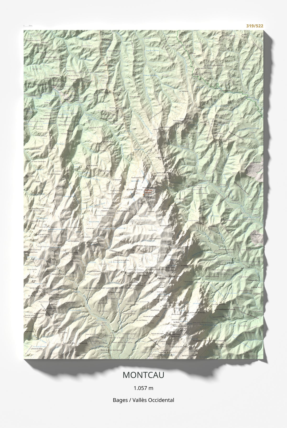 Mapa de relieve de Montcau, 1057 m, Bages · Vallès Occidental, lámina 100 Cims de Trobart 61 × 91 cm.