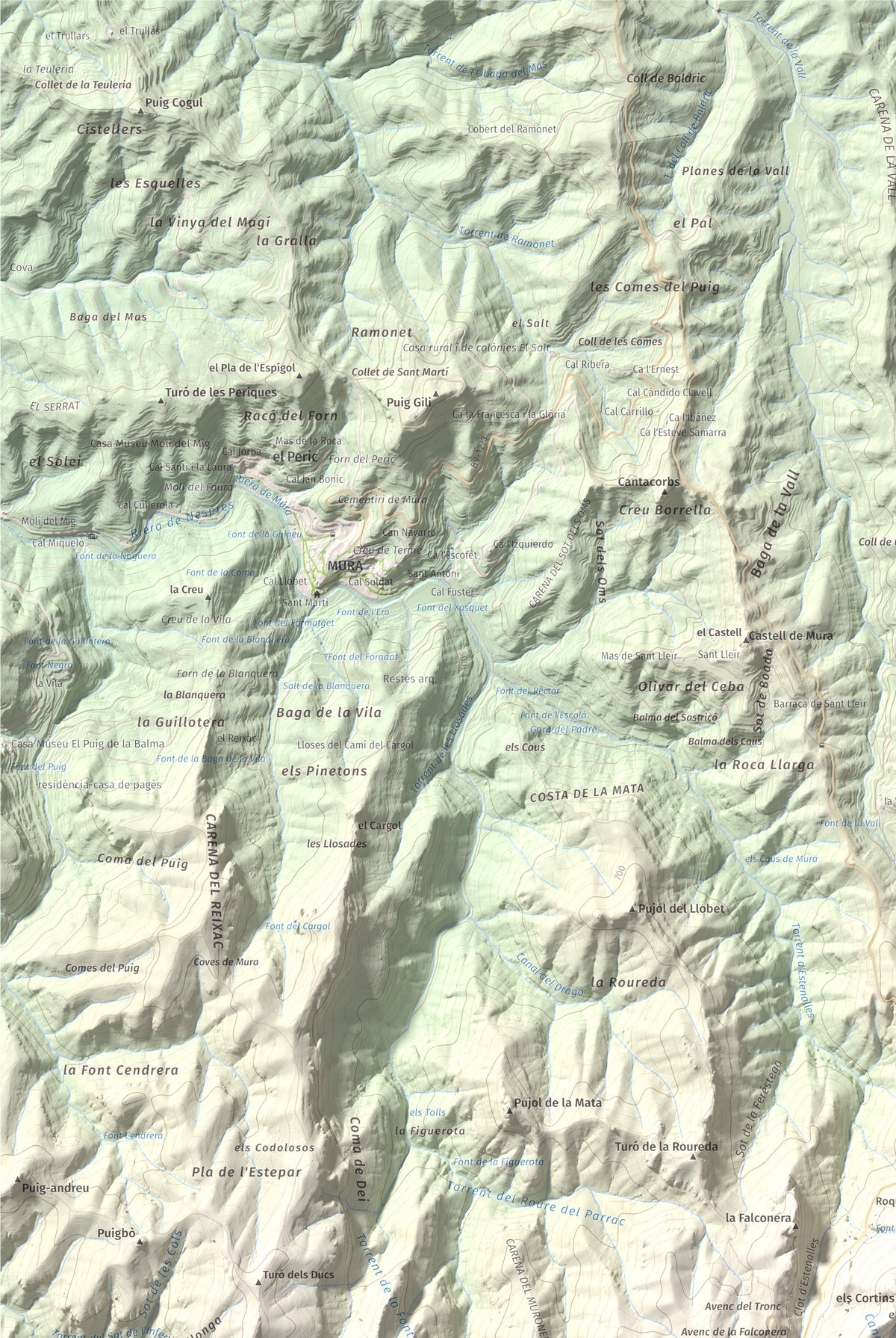 Mapa de relieve de Montcau, 1057 m, Bages · Vallès Occidental, lámina 100 Cims de Trobart. Detalle de la zona superior izquierda. 61 × 91 cm.