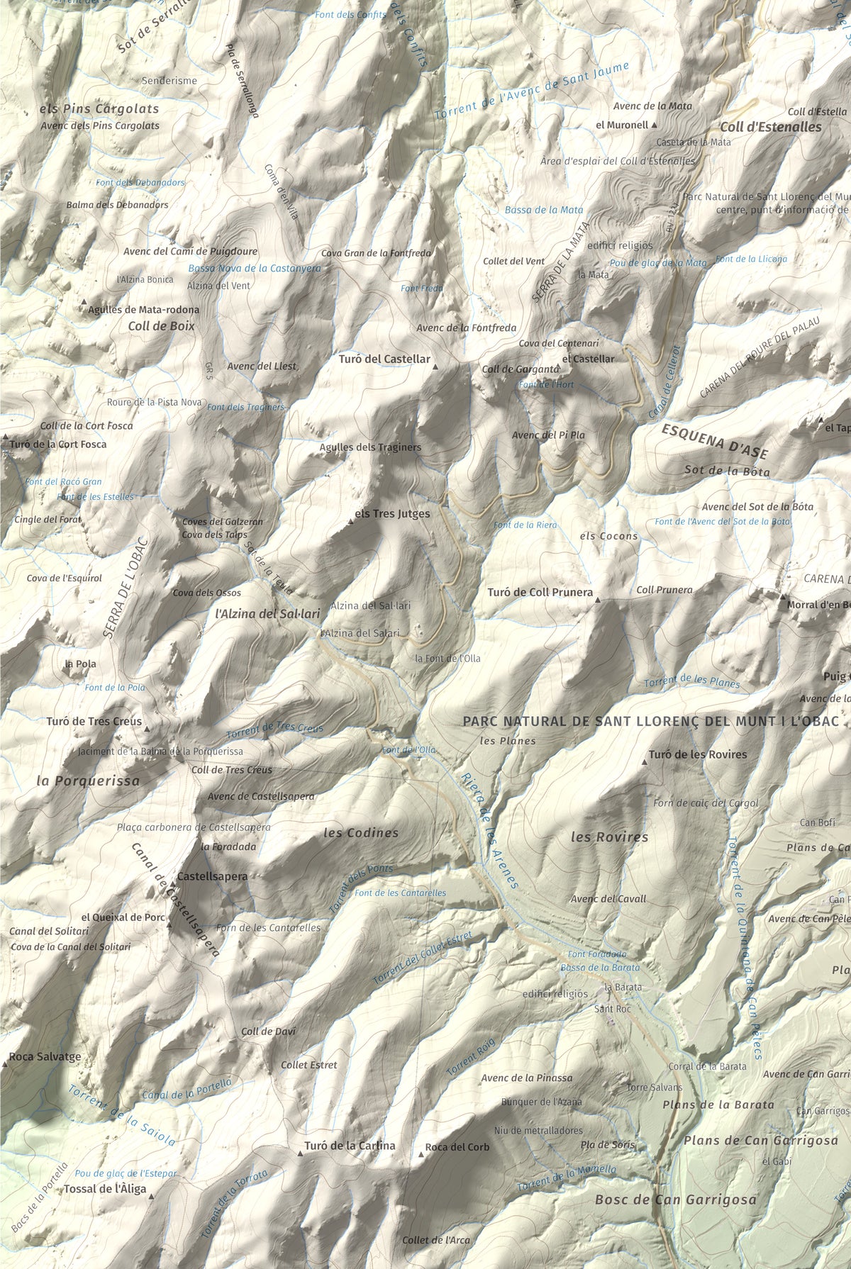 Mapa de relieve de Montcau, 1057 m, Bages · Vallès Occidental, lámina 100 Cims de Trobart. Detalle de la zona inferior izquierda. 61 × 91 cm.