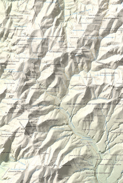 Mapa de relieve de Montcau, 1057 m, Bages · Vallès Occidental, lámina 100 Cims de Trobart. Detalle de la zona inferior izquierda. 61 × 91 cm.