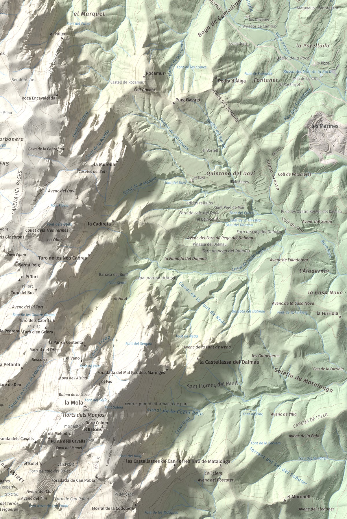Mapa de relieve de Montcau, 1057 m, Bages · Vallès Occidental, lámina 100 Cims de Trobart. Detalle de la zona inferior derecha. 61 × 91 cm.